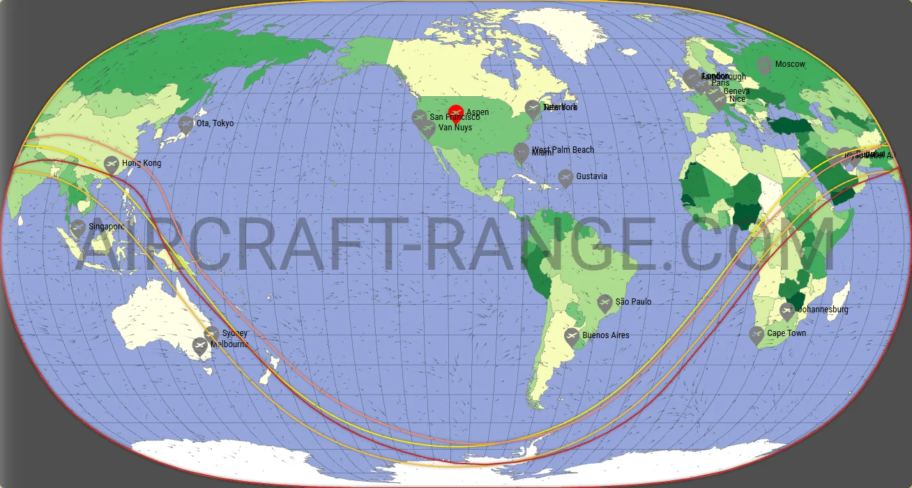 Gulfstream G600 vs Gulfstream G650ER range map from Aspen-Pitkin Co/Sardy Field (KASE)