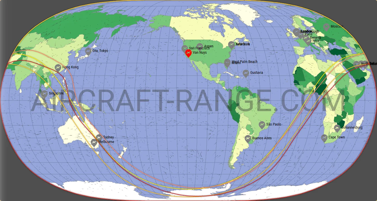 Gulfstream G600 vs Gulfstream G650ER range map from Van Nuys Airport (KVNY)