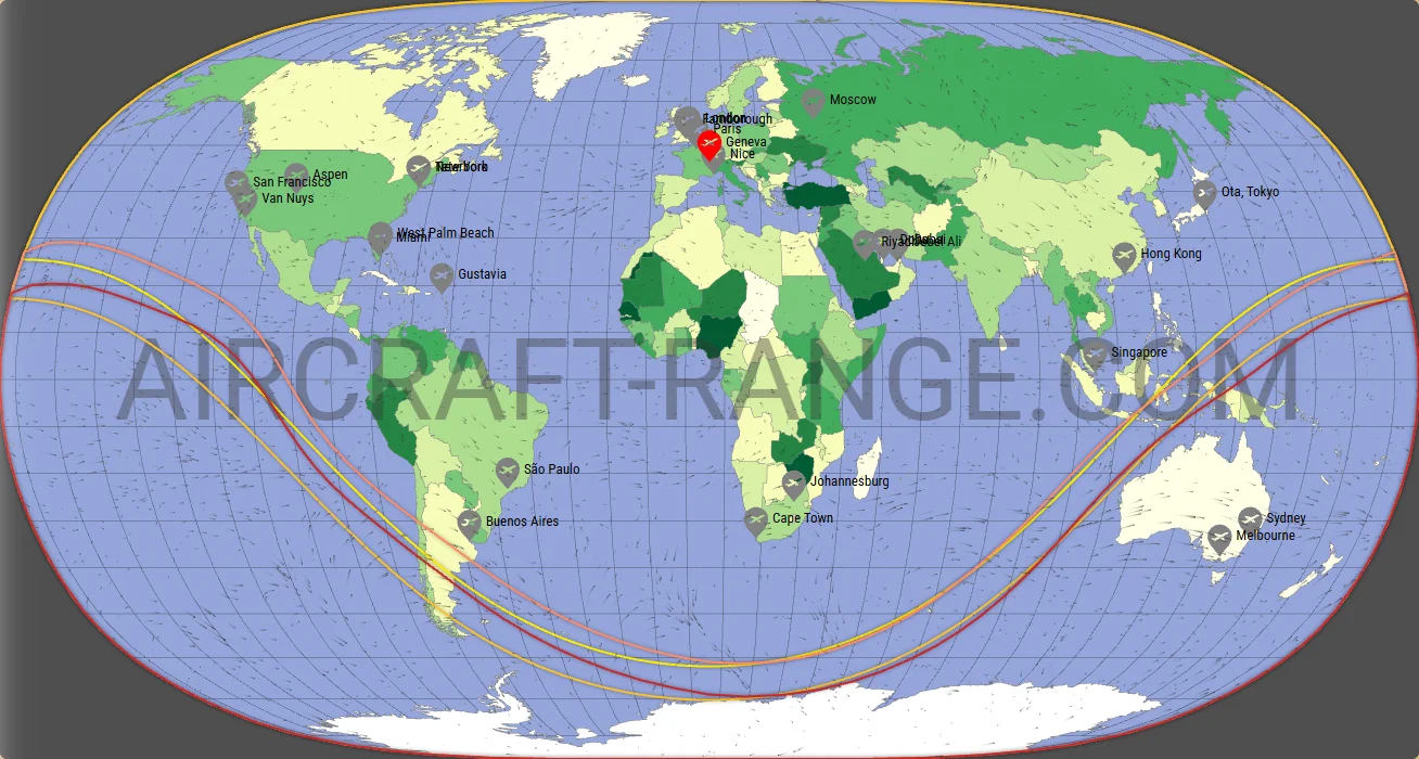 Gulfstream G600 vs Gulfstream G650ER range map from Geneva Cointrin International Airport (LSGG)