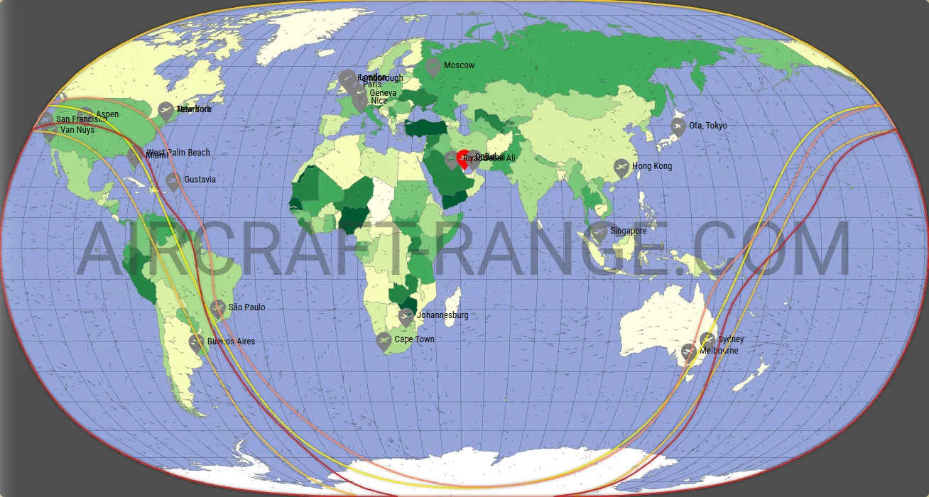 Gulfstream G600 vs Gulfstream G650ER range map from Hamad International Airport (OTHH)