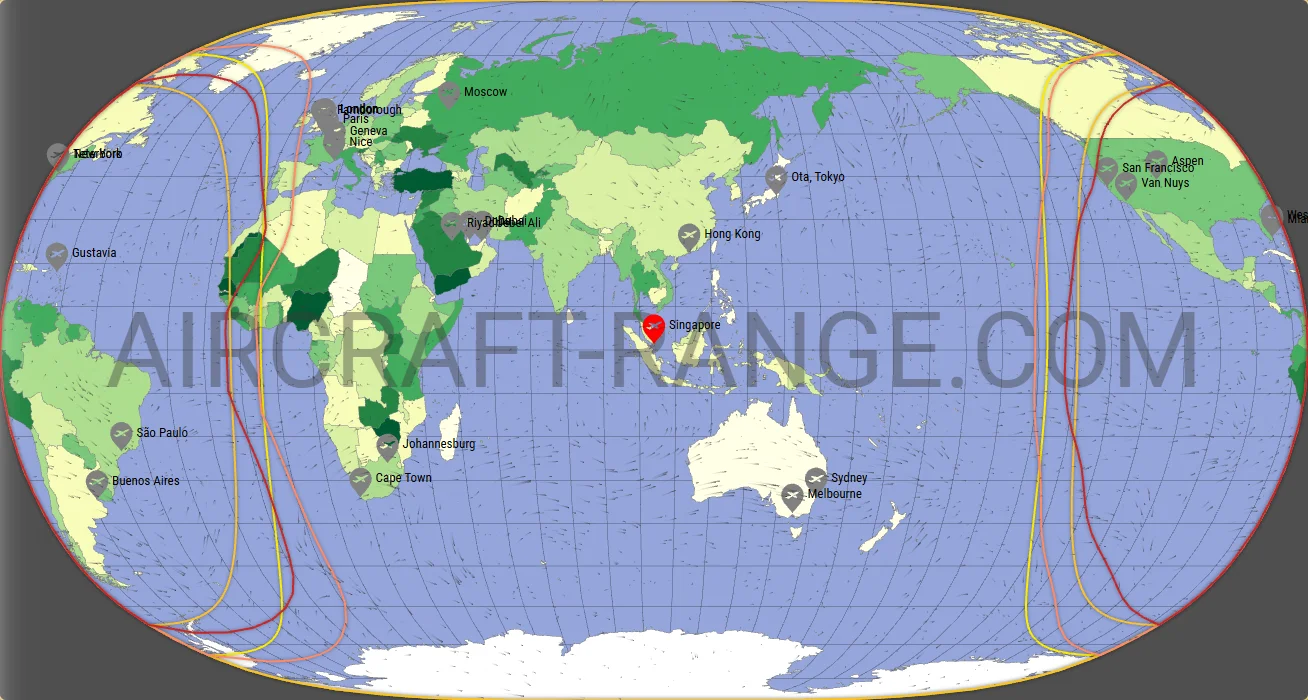 Gulfstream G600 vs Gulfstream G650ER range map from Singapore Changi Airport (WSSS)