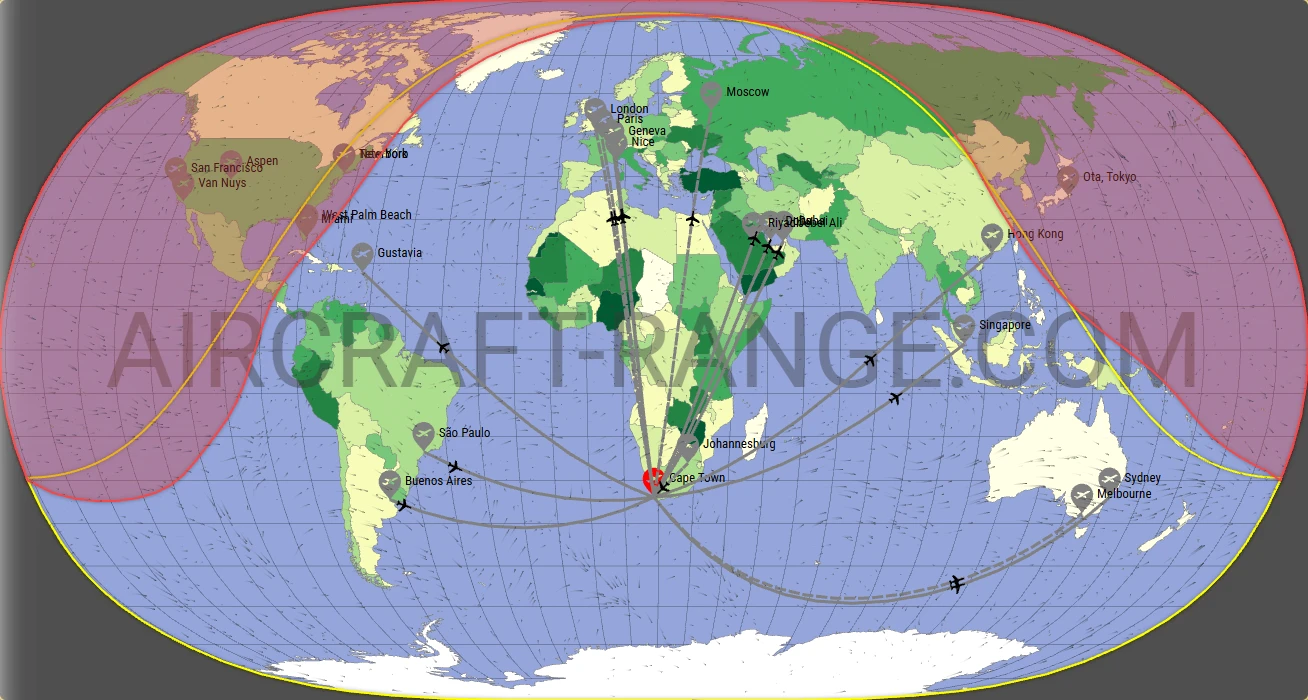 Gulfstream G650 broker route map from Cape Town International Airport (FACT)