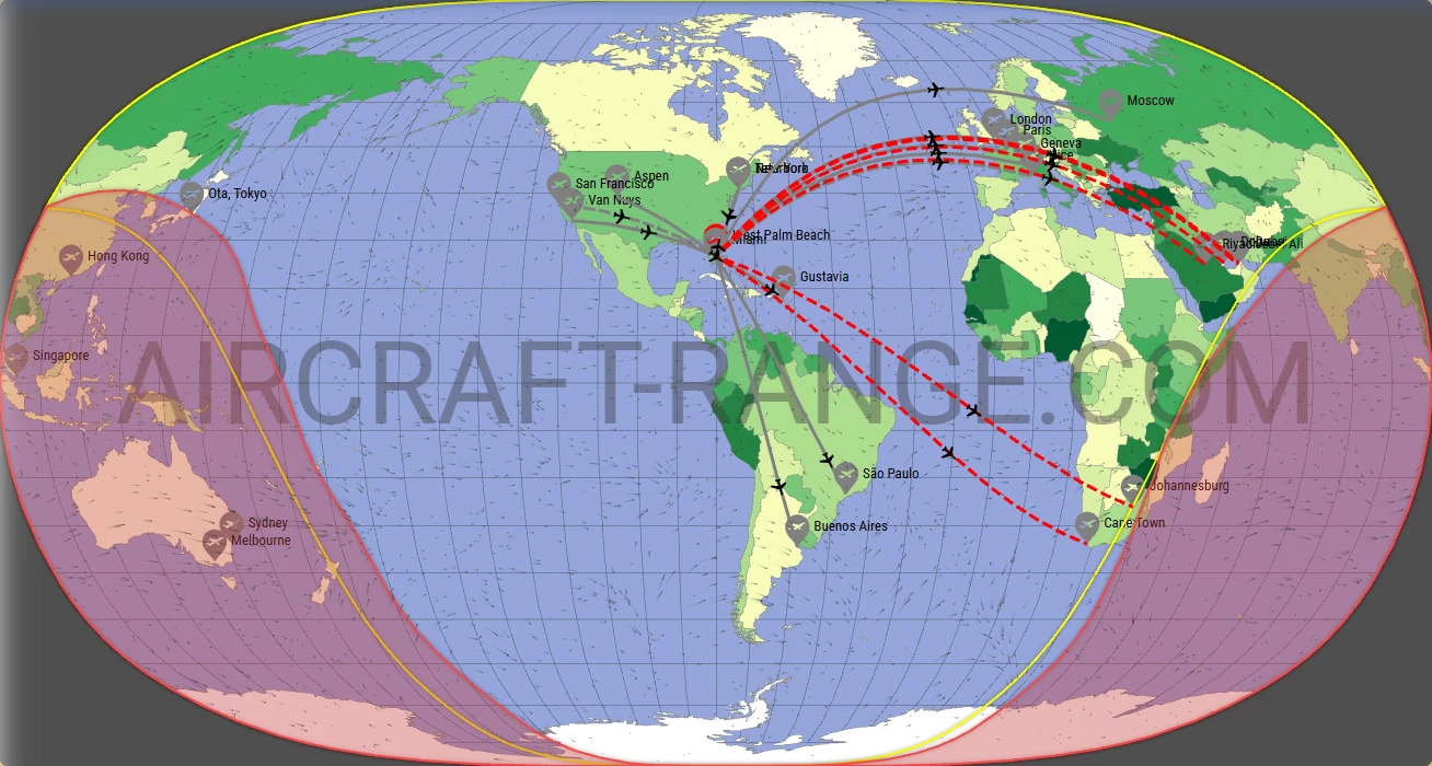 Gulfstream G650 broker route map from Palm Beach International Airport (KPBI)