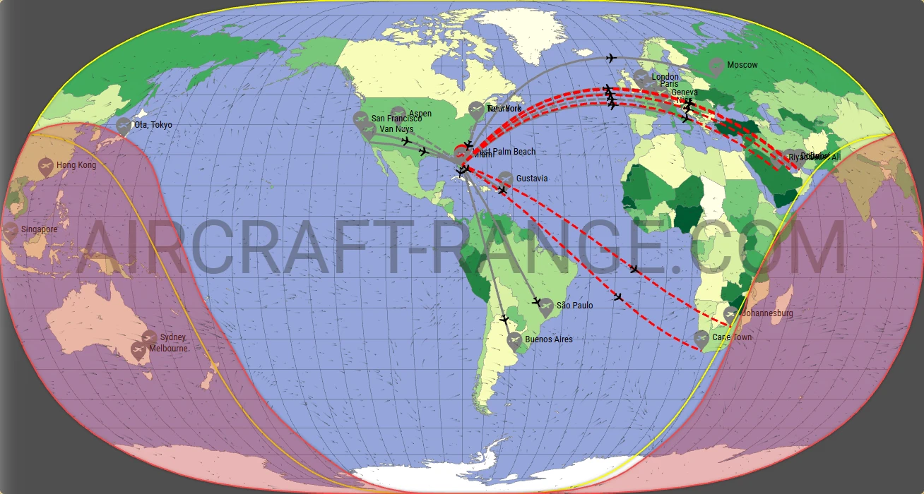 Gulfstream G650ER broker route map from Palm Beach International Airport (KPBI)