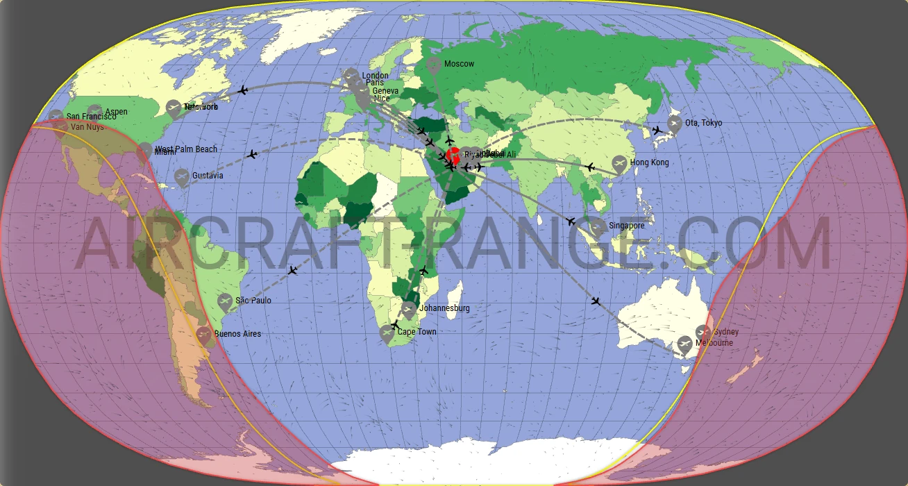 Gulfstream G650ER broker route map from King Khalid International Airport (OERK)