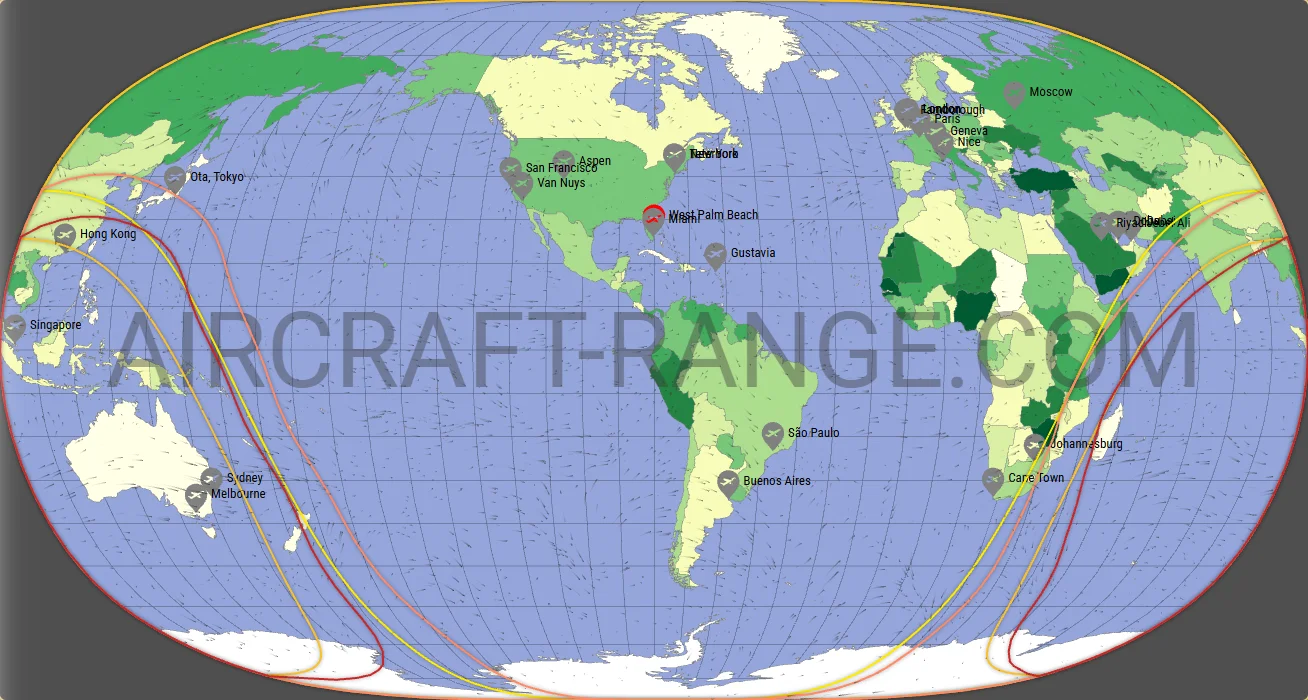 Gulfstream G650ER vs Gulfstream G700 range map from Palm Beach International Airport (KPBI)
