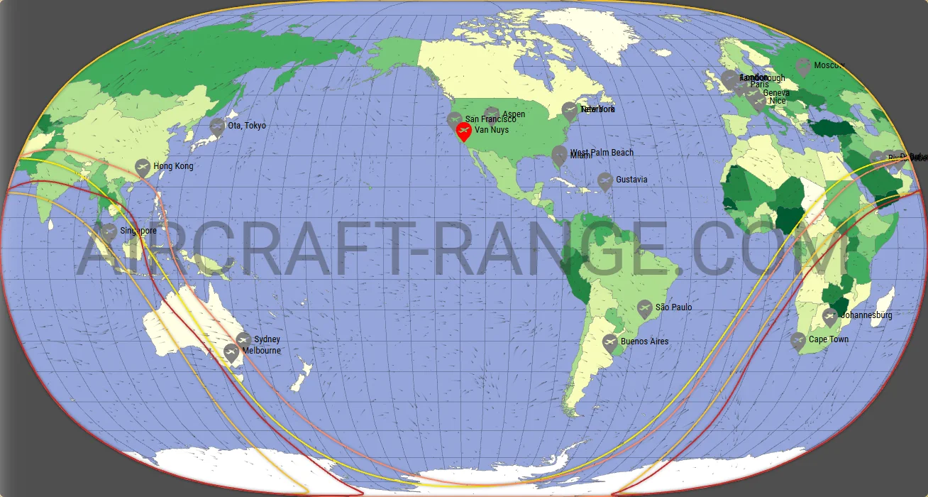 Gulfstream G650ER vs Gulfstream G700 range map from Van Nuys Airport (KVNY)
