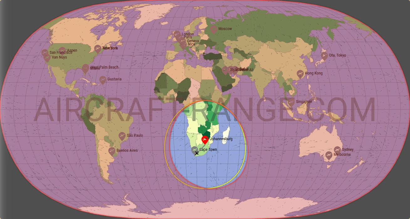 Phenom 300 broker route map from OR Tambo International Airport (FAOR)