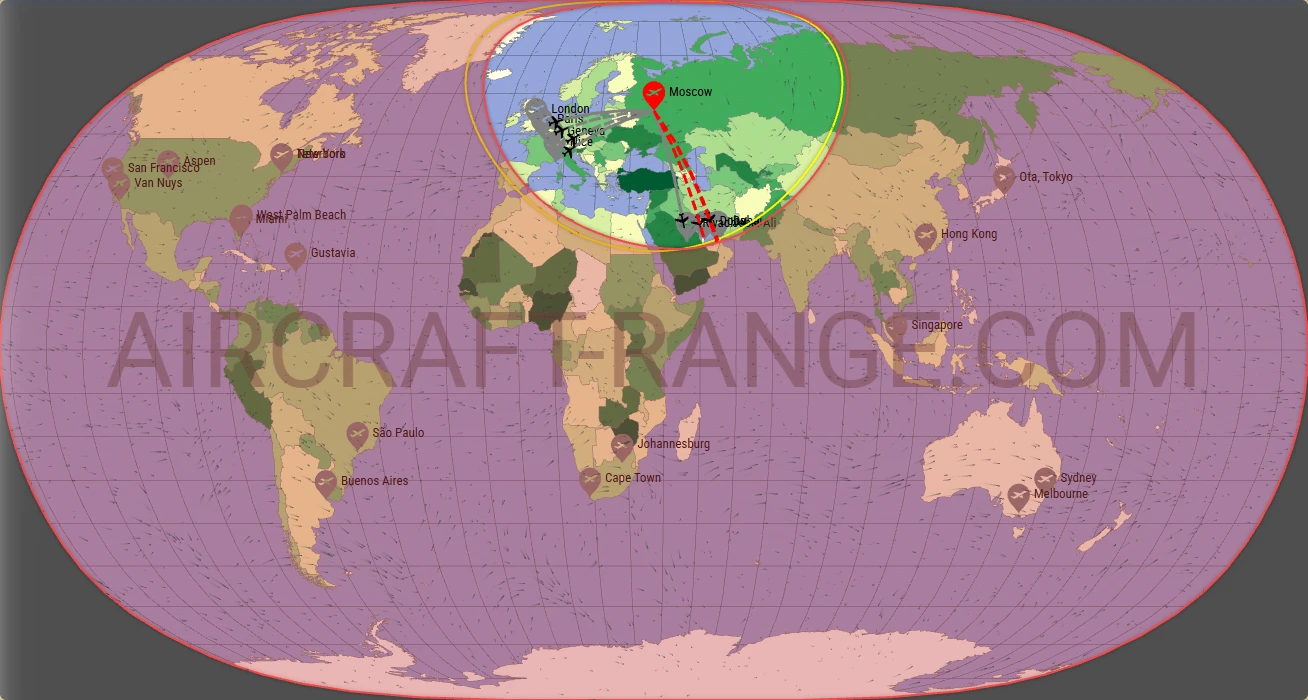 Phenom 300 broker route map from Vnukovo International Airport (UUWW)