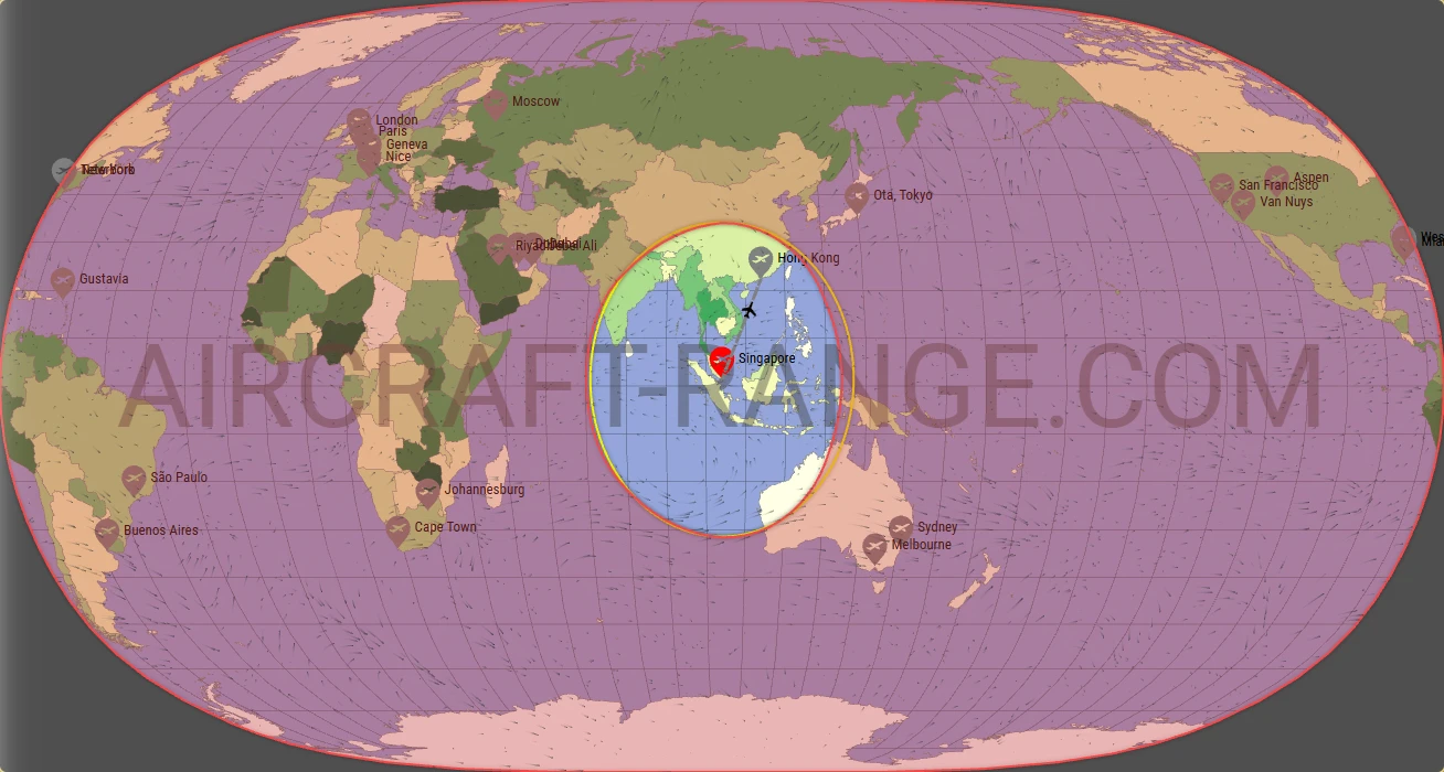 Phenom 300 broker route map from Singapore Changi Airport (WSSS)